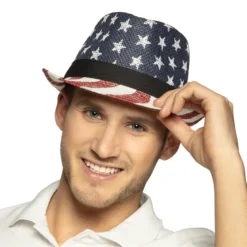 Amerikansk Strå Fedora Hat, Stars & Stripes Design