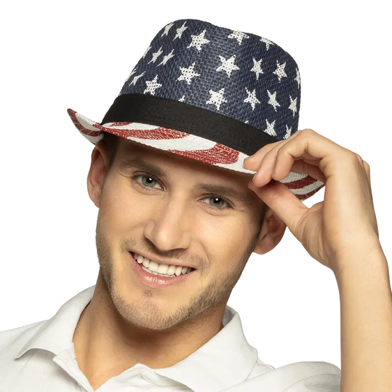 Amerikansk Strå Fedora Hat, Stars & Stripes Design