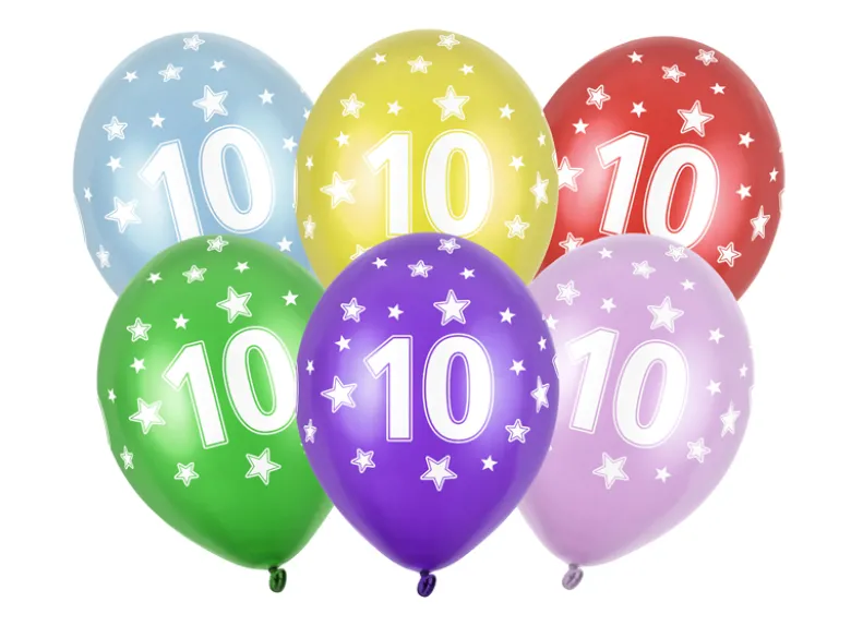 Ballon 30 cm, 10 Års Fødselsdag, Metallic Mix (50 Stk.)