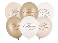 Beige mix "Happy Birthday" Balloner, 6 stk.