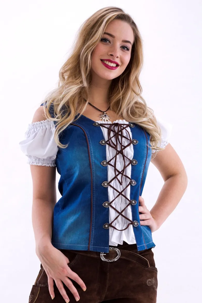 Denim Tyrolerbluse, 98% Bomuld