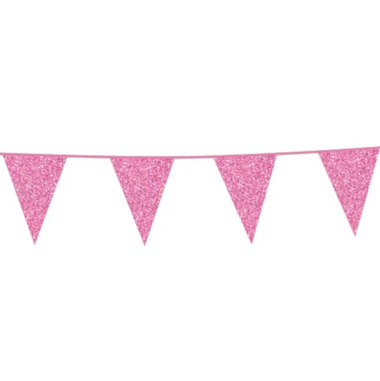 Flagguirlande m/Lyserøde Glitter Vimpler 20x30cm, 6M