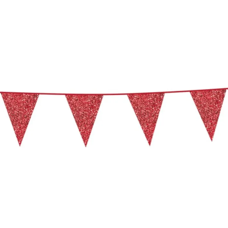 Flagguirlande m/Røde Glitter Vimpler 20x30cm, 6M