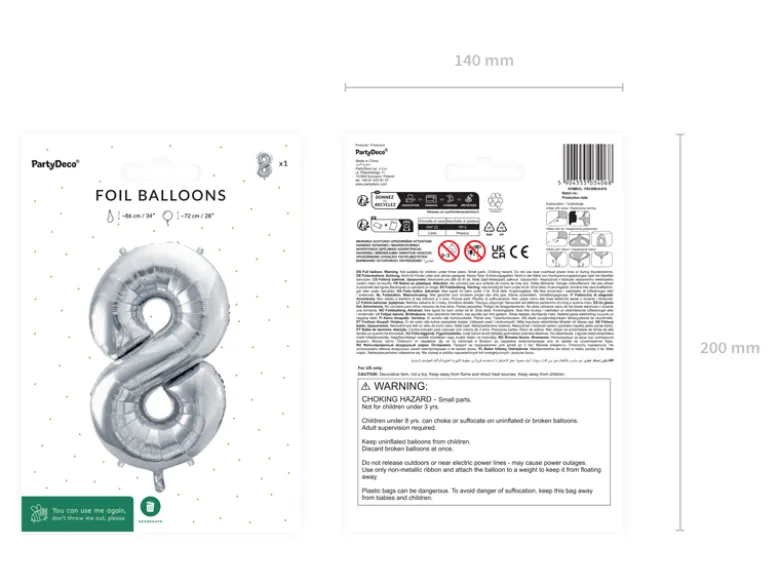 Folie Ballon Tal ''8'', 72 cm, Sølv