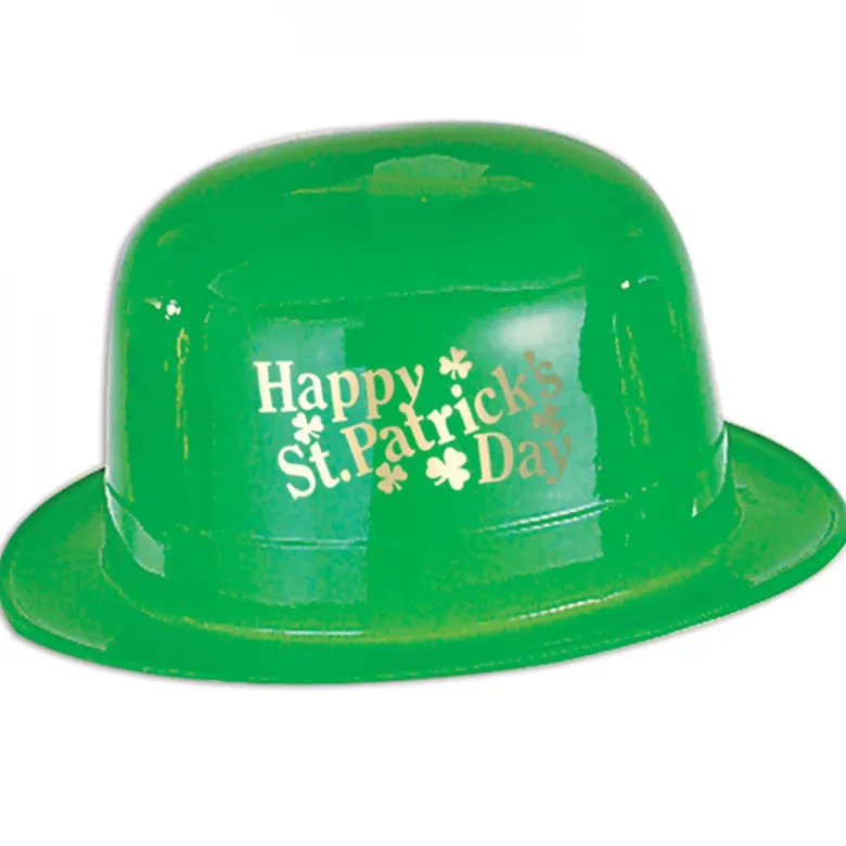 Grøn Bowlerhat i Plastik, "Happy St. Patricks Day"
