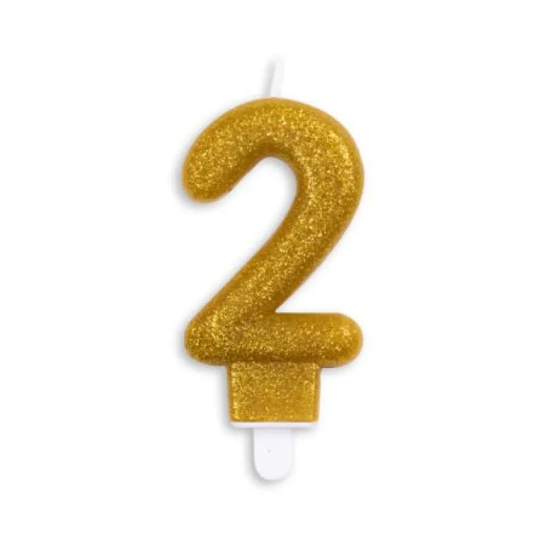 Guld Talformet Kagelys m/Glitter 7 cm - 2 Tal