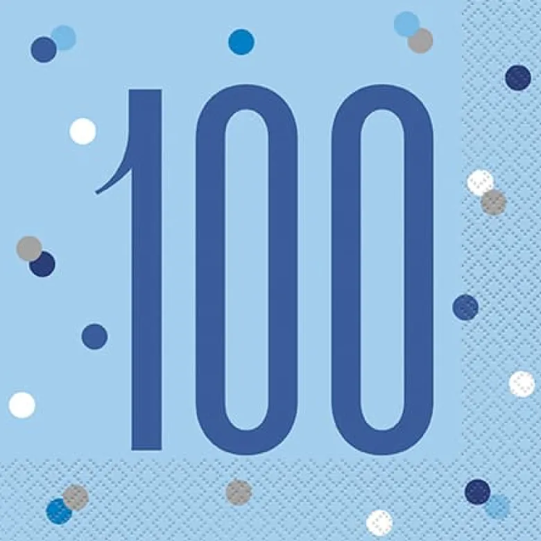 HAPPY BDAY, Blå Glitz Servietter - 100 År