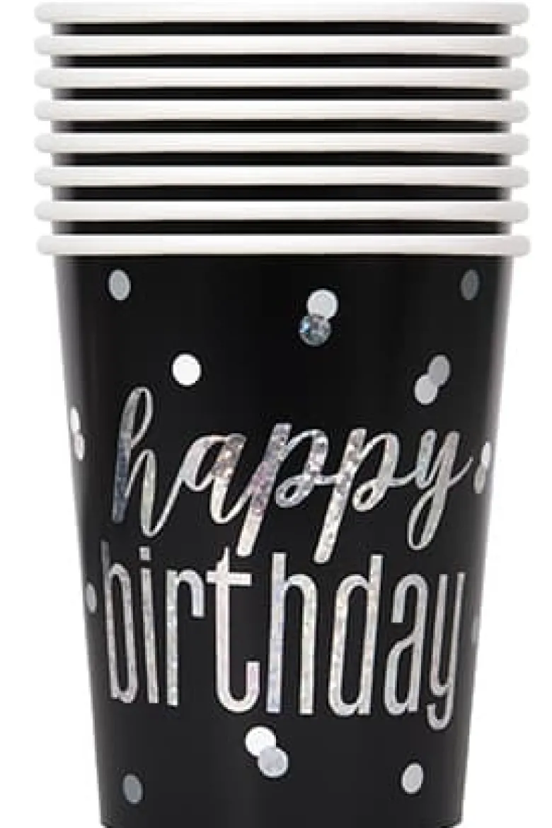 HAPPY BIRTHDAY Sorte Glitz Papkrus, 8 stk.