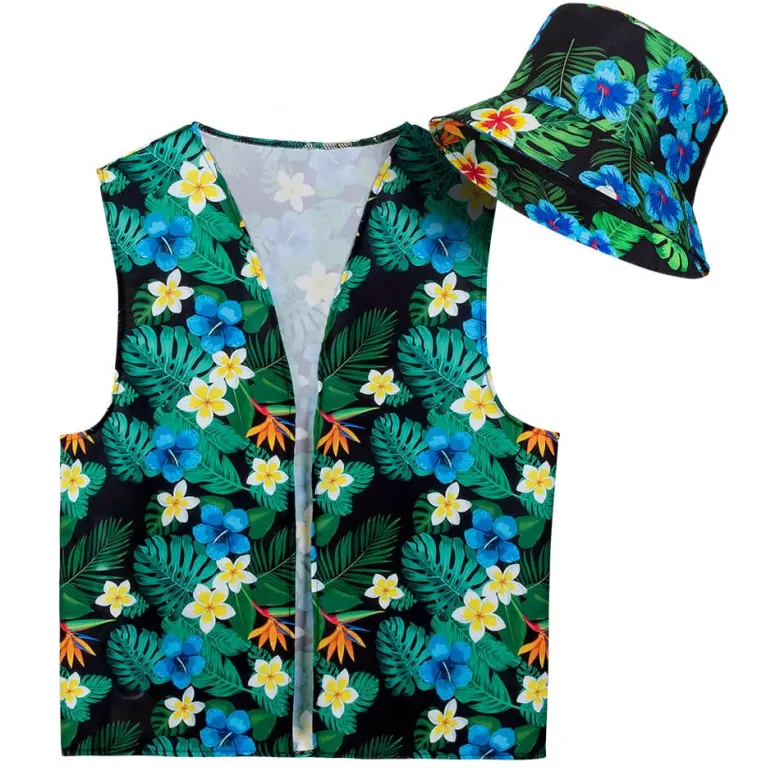 Hawaii tøj - Blomstret Sæt m/Vest & Bøllehat