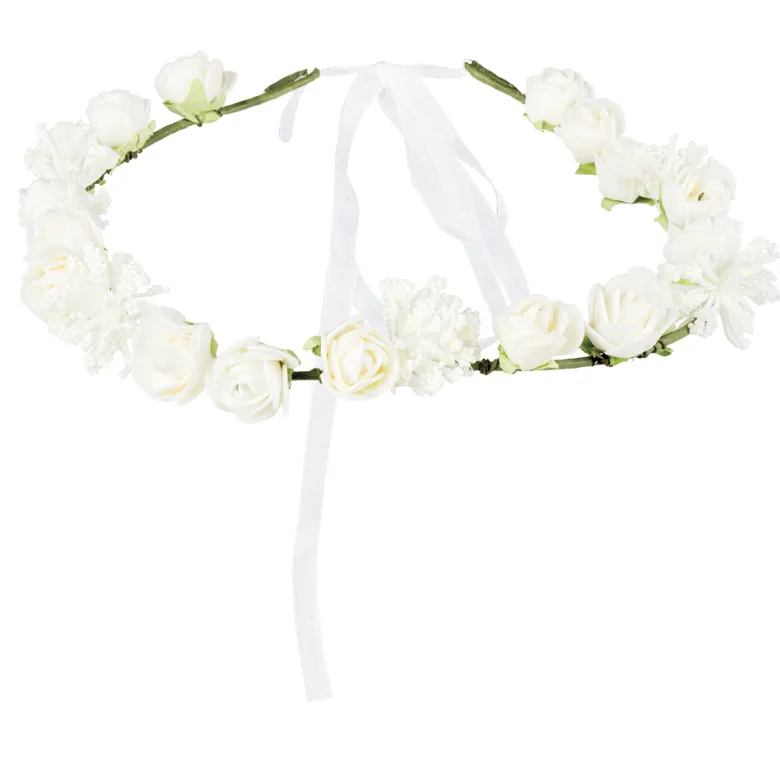 Hvid Blomster Hårkrans m/Organza Sløjfe