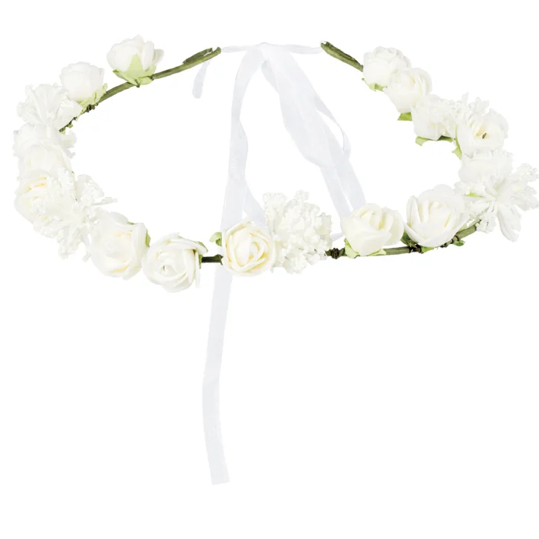 Hvid Blomster Hårkrans m/Organza Sløjfe