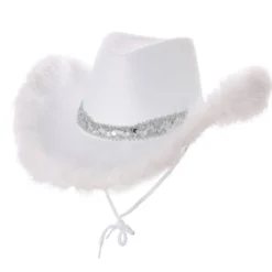 Hvid Cowboy Hat m/Fjer & Sølv Paillet Bånd