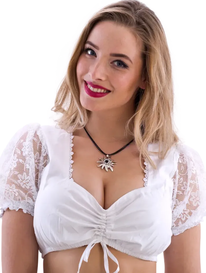 Hvid Dirndl Top i 100% Bomuld & m/Blonde Pufærmer