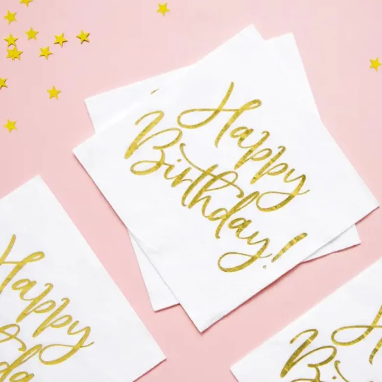 Hvide og Guld "Happy Birthday" Servietter, 20 stk.
