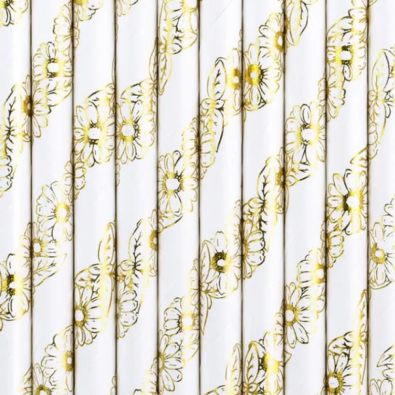 Hvide Papirsugerør m/Guld Blomster, 10 stk.