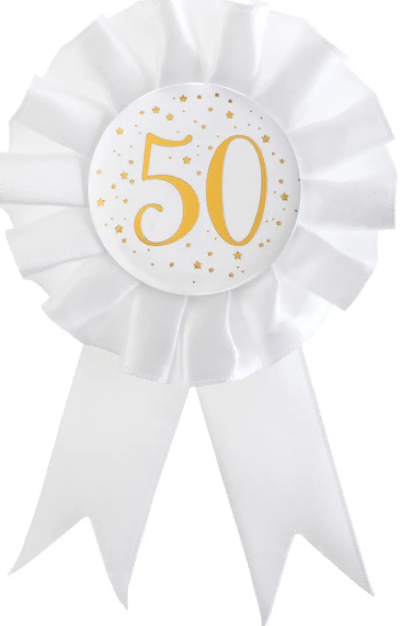 Hvid Fødselsdags Rosette m/Guld Print, 50 År