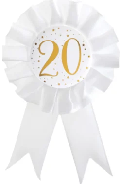 Hvid Fødselsdags Rosette m/Guld Print, 20 År