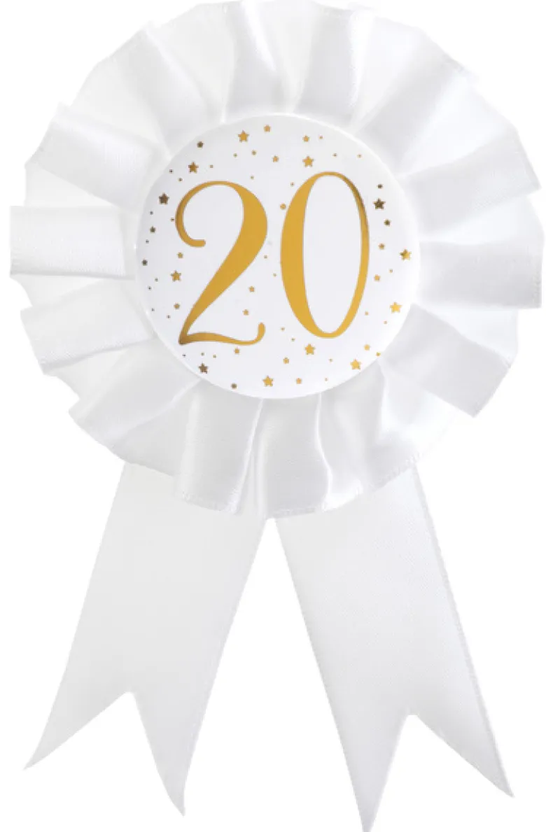 Hvid Fødselsdags Rosette m/Guld Print, 20 År