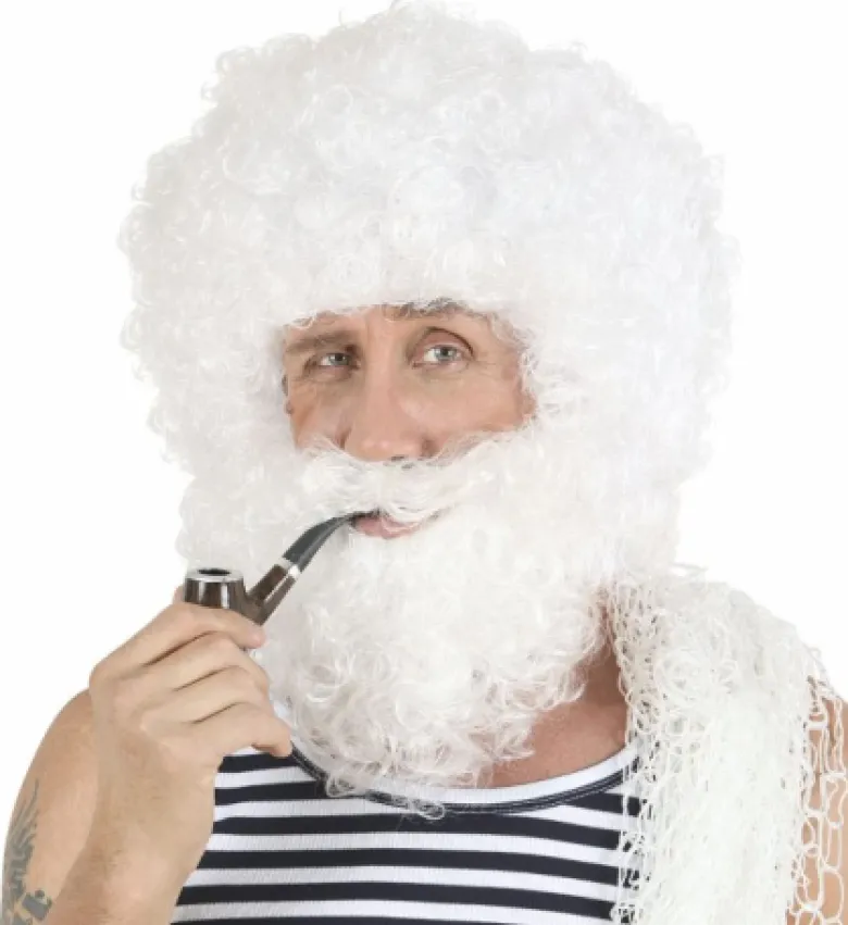 Hvid krøllet paryk med fuldskæg