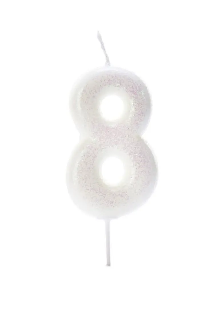 Iriscerende Hvidt Tal Kagelys m/Glitter 6.5 cm - 8