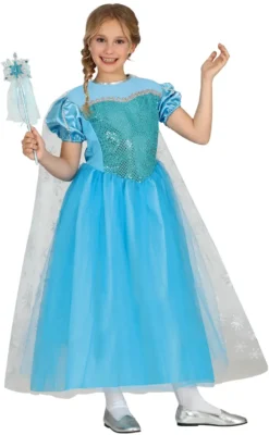 Isblå Prinsessekjole m/Kappe - Kostume Til Piger i 2 Dele (3 - 9 år)
