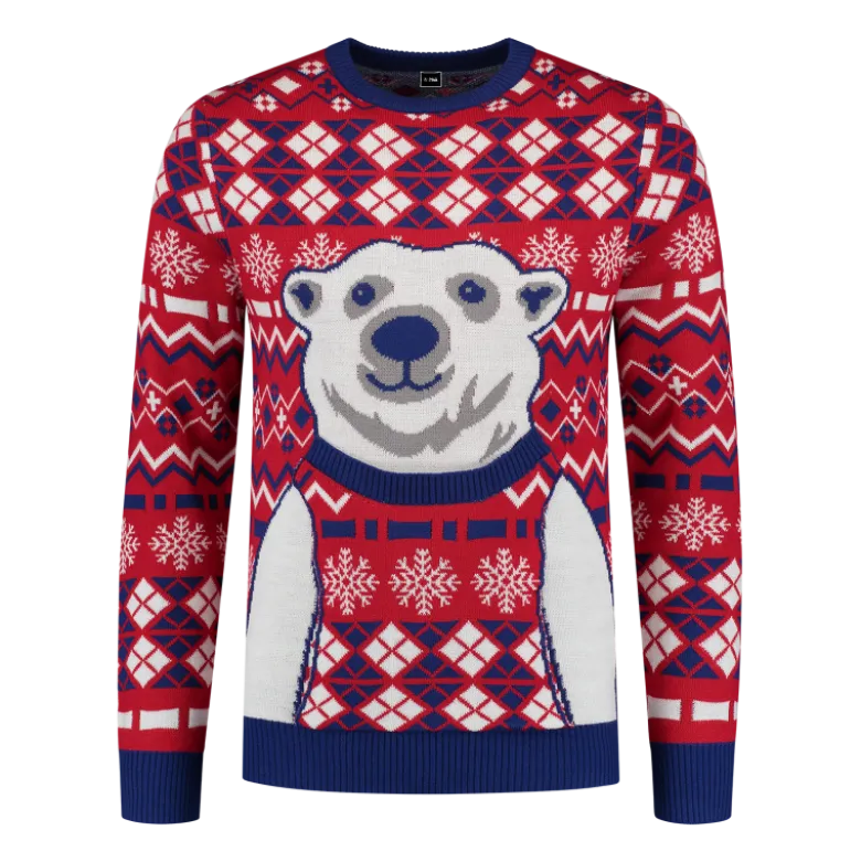 Julesweater m/Isbjørn Print i Hvid, Rød & Blå