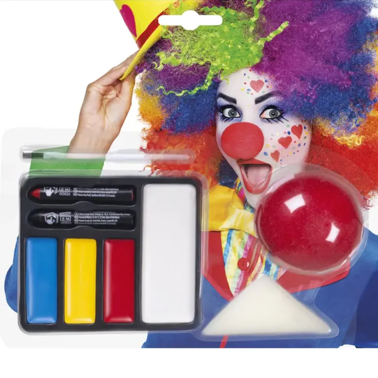Klovne Makeup Kit m/Ansigtsmaling & Skum Næse