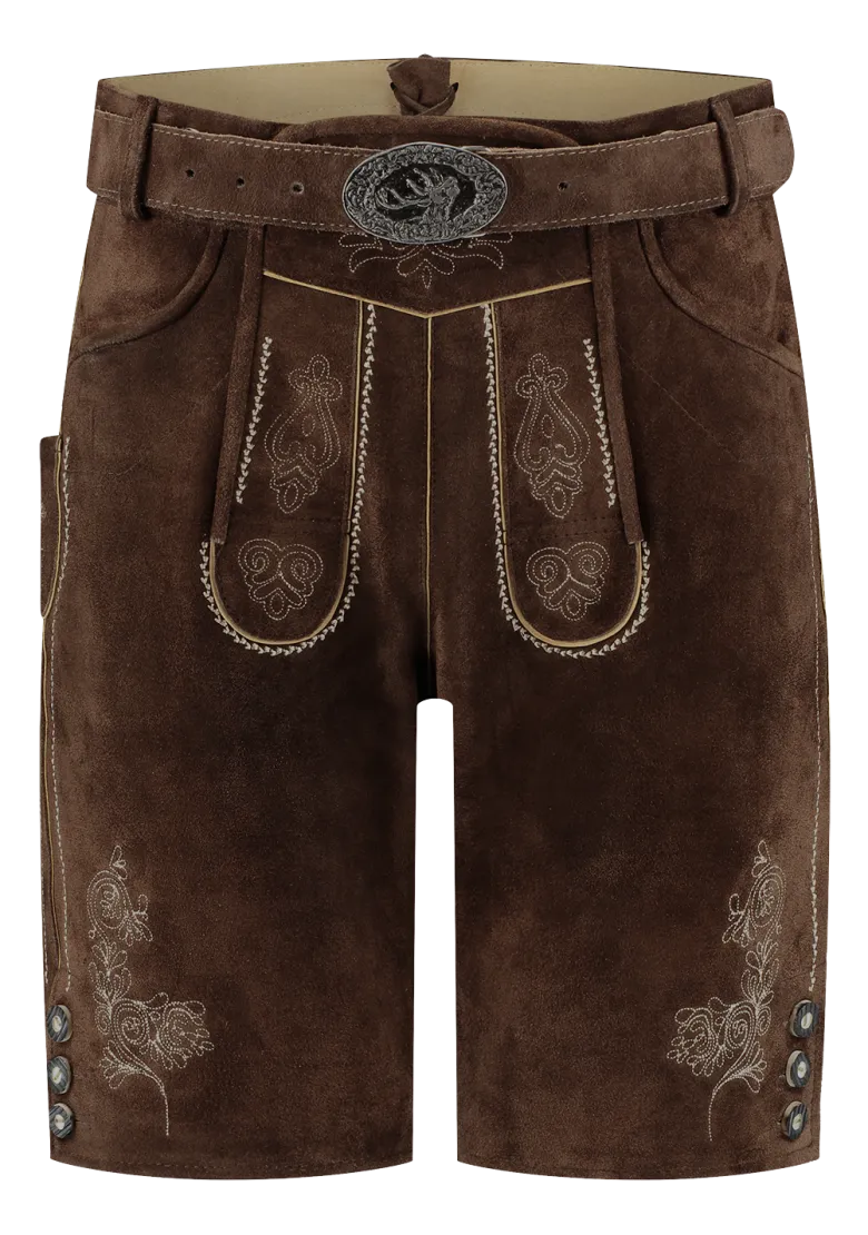 Lederhosen i Ægte Læder, Brun med Bælte i Kort Model