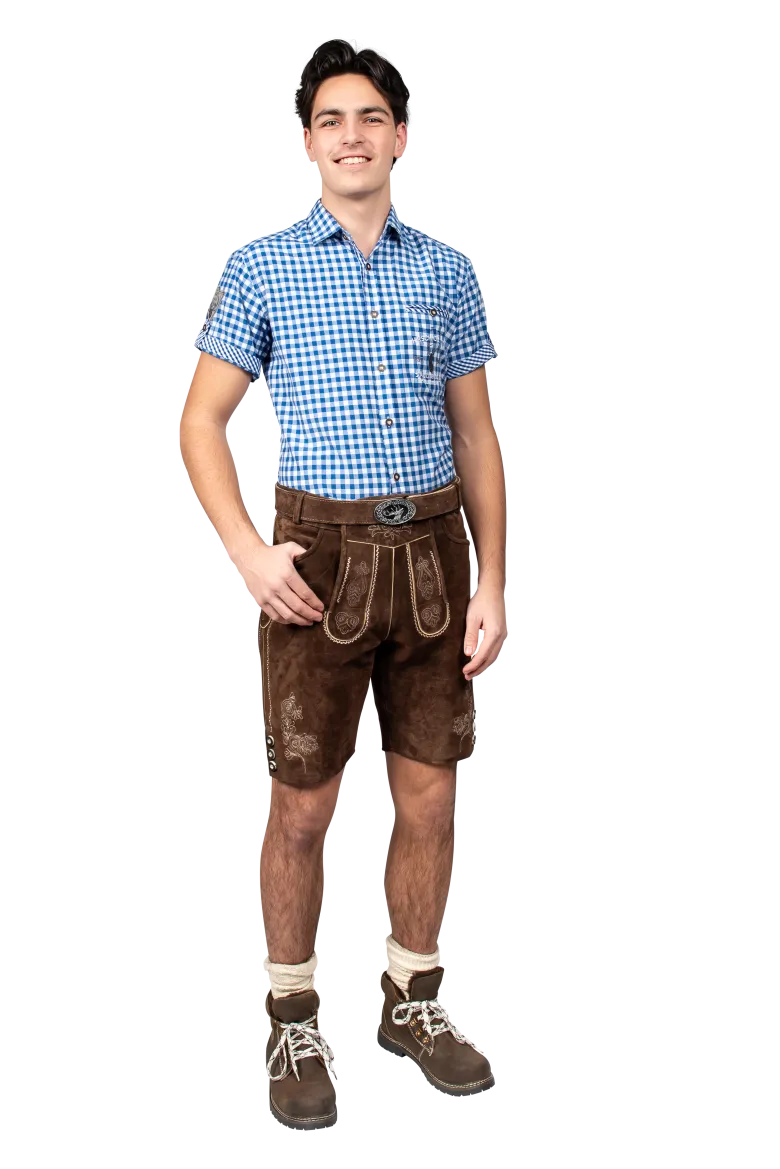 Lederhosen i Ægte Læder, Brun med Bælte i Kort Model