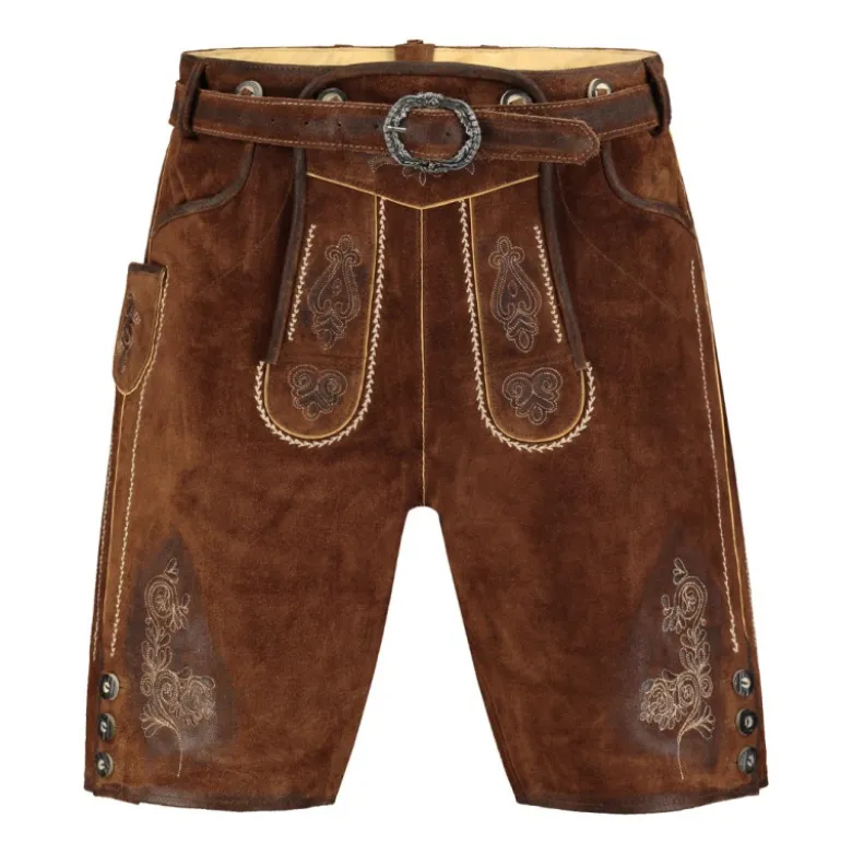 Lederhosen i Ægte Ruskind - Kort Model m/ Bælte i Cognac