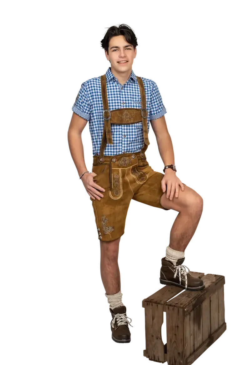 Lederhosen i Kraftigt Ruskind - Kort Model i Karamelbrun