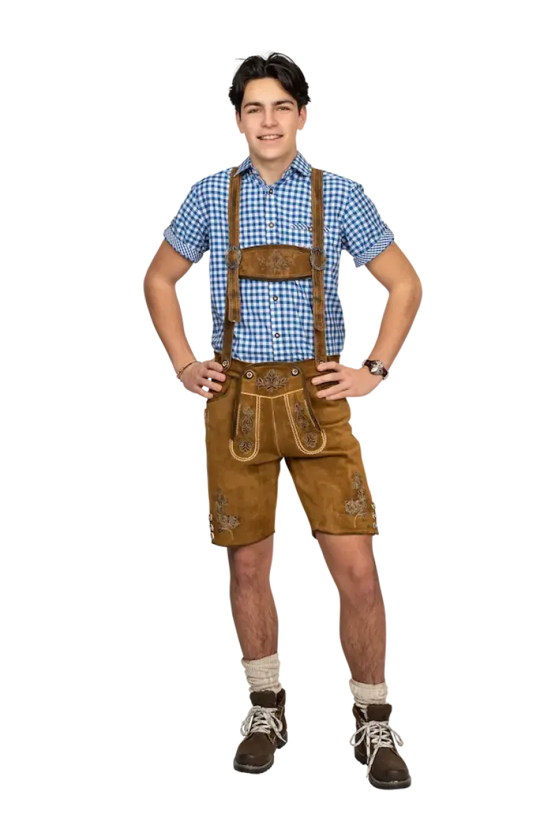 Lederhosen i Kraftigt Ruskind - Kort Model i Karamelbrun