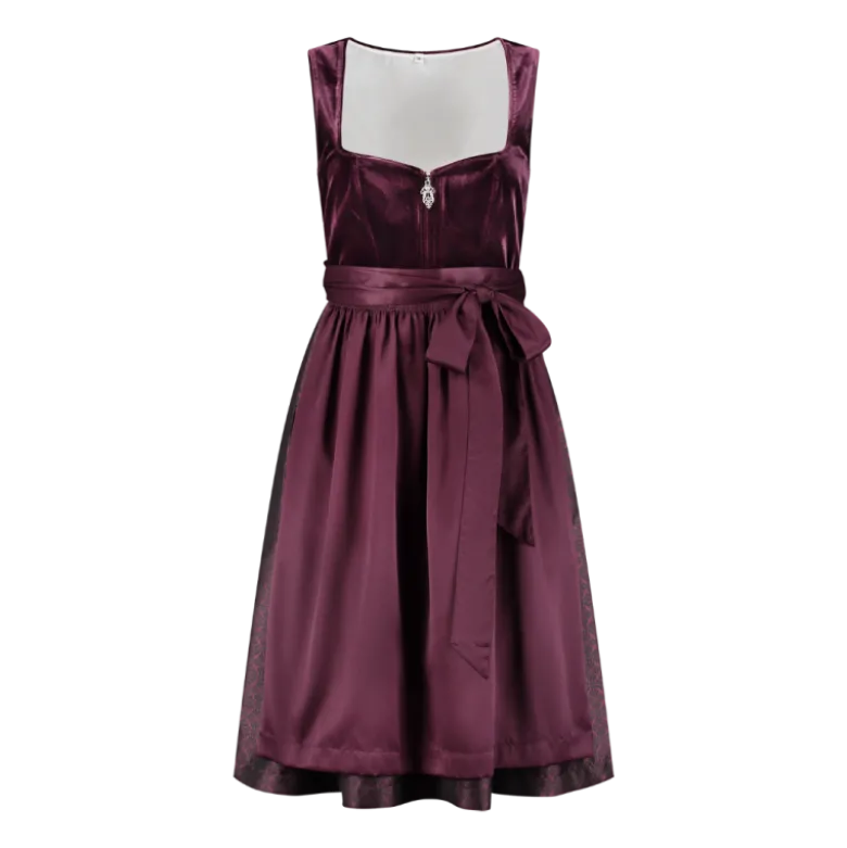 Luksus Dirndl i Auberginefarvet Velour & Jaquardvævet Stof