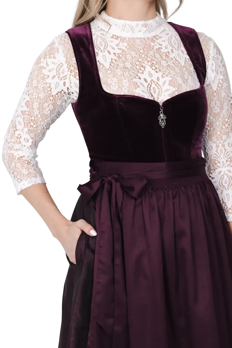 Luksus Dirndl i Auberginefarvet Velour & Jaquardvævet Stof