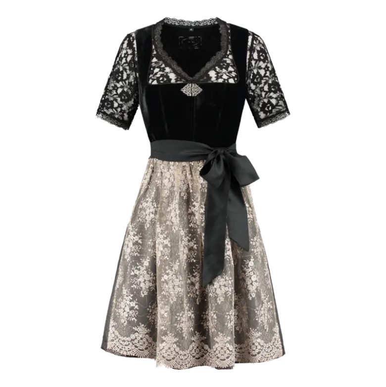 Luksus Dirndl i Sort Velour, Blonder & Jacquardvævet Stof