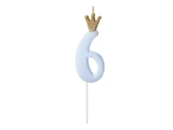 Lyseblåt "6" Kagelys m/Krone