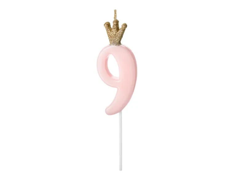 Lyserødt "9" Kagelys m/Krone