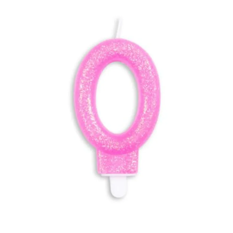 Lyserødt Talformet Kagelys m/Glitter 7 cm - 0 Tal