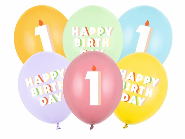 Pastel 1 Års Fødselsdagsballoner, 6 stk.