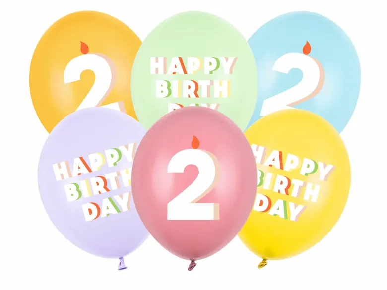Pastel 2 Års Fødselsdagsballoner, 6 stk.