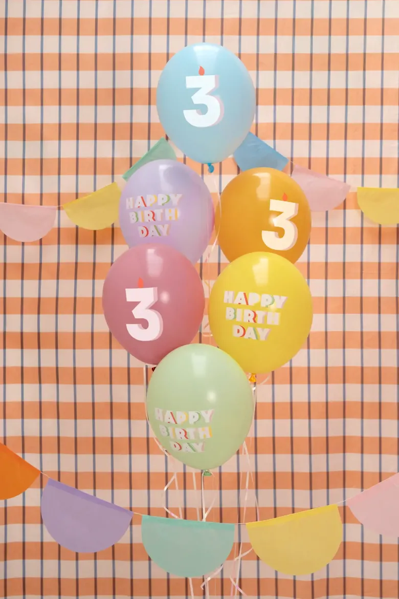 Pastel 3 Års Fødselsdagsballoner, 6 stk.