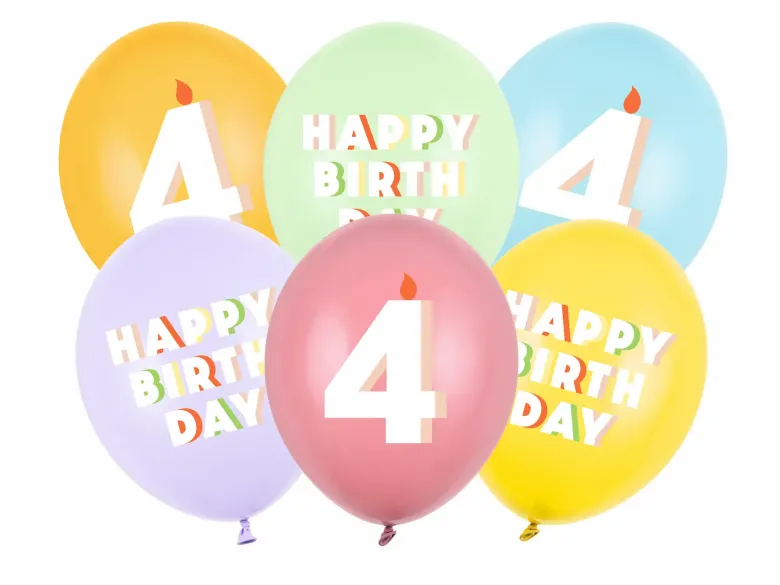 Pastel 4 Års Fødselsdagsballoner, 6 stk.