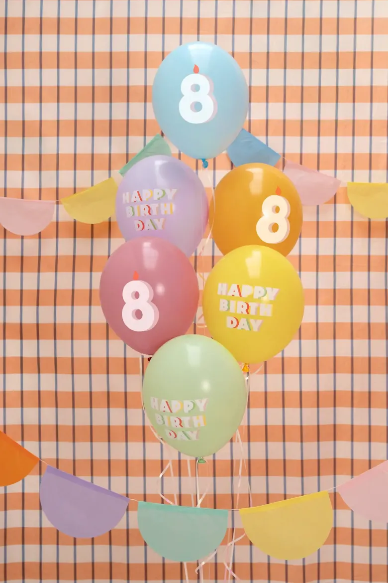 Pastel 8 Års Fødselsdagsballoner, 6 stk.