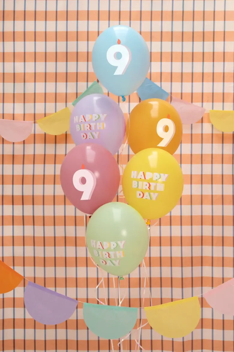 Pastel 9 Års Fødselsdagsballoner, 6 stk.