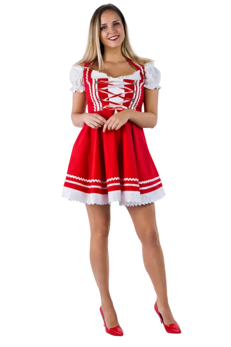 Rød Dirndl m/Løs Skjorte i 100% Bomuld