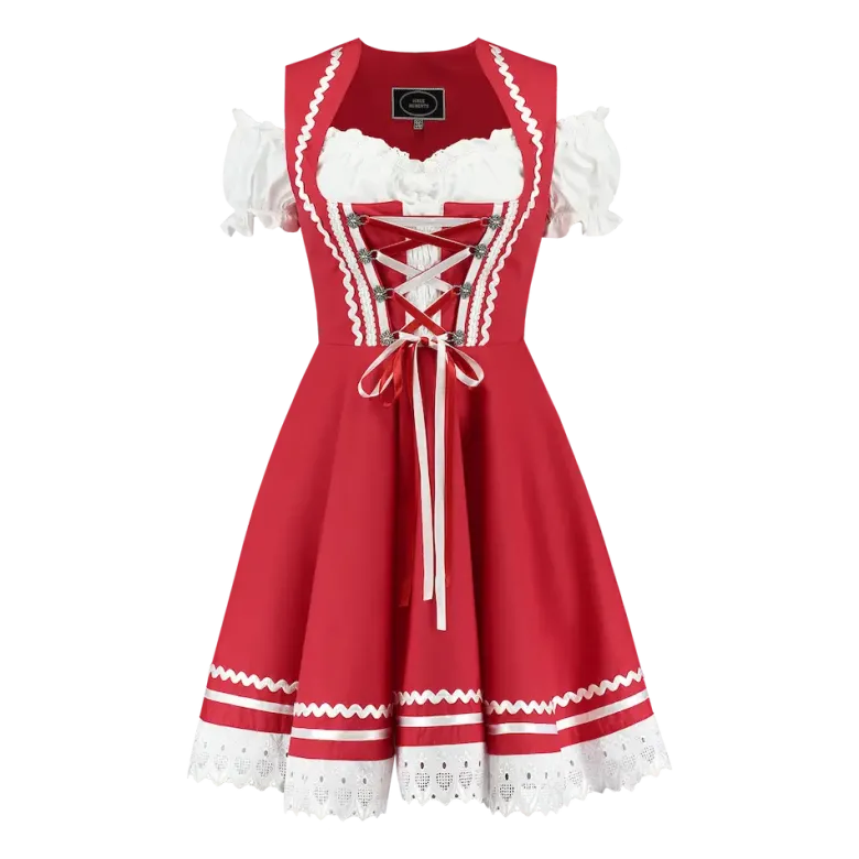 Rød Dirndl m/Løs Skjorte i 100% Bomuld