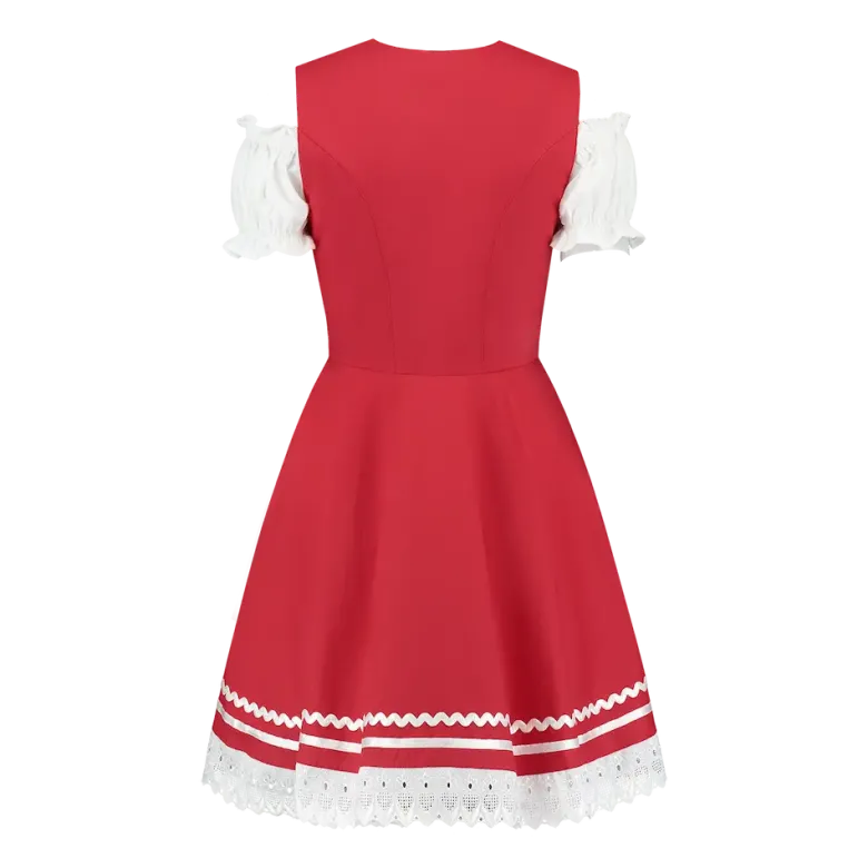 Rød Dirndl m/Løs Skjorte i 100% Bomuld