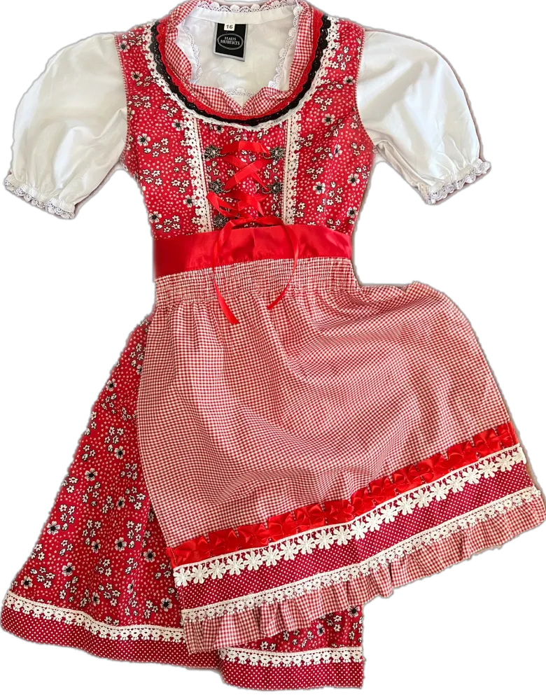 Rød Dirndl til Børn, 3 Dele & Løs Skjorte i 100% Bomuld