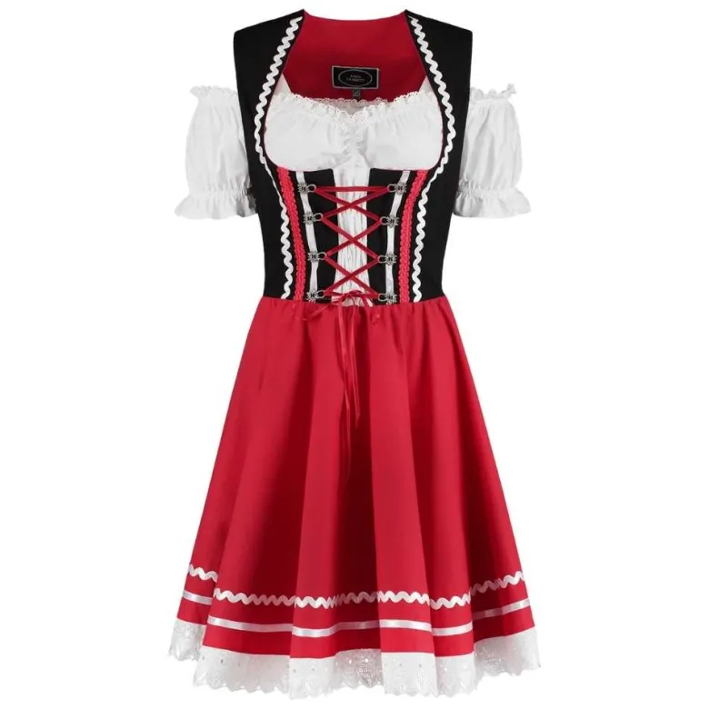 Rød/Sort Dirndl m/Løs Skjorte i 100% Bomuld