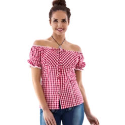 Rødternet Tyrolerbluse, Off-Shoulder m/ Pufærmer